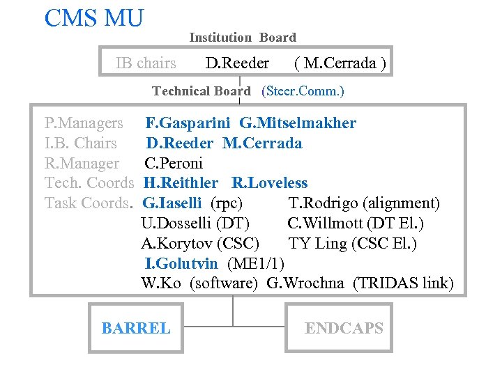 CMS MU Institution Board IB chairs D. Reeder ( M. Cerrada ) Technical Board