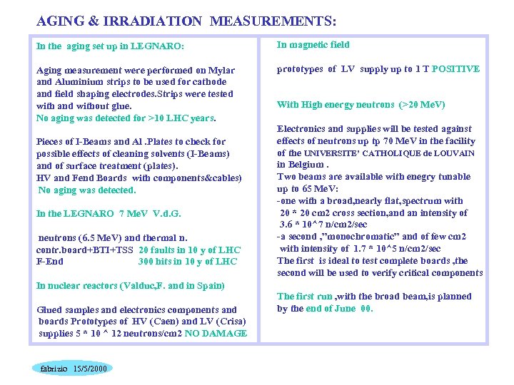 AGING & IRRADIATION MEASUREMENTS: In the aging set up in LEGNARO: In magnetic field