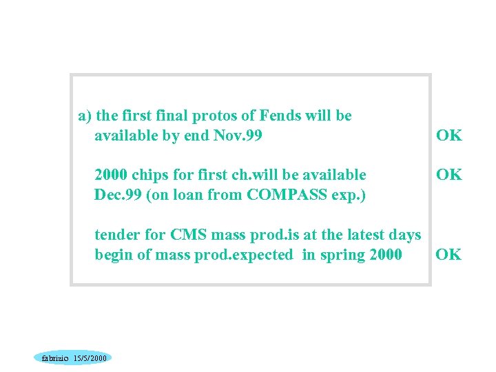 a) the first final protos of Fends will be available by end Nov. 99