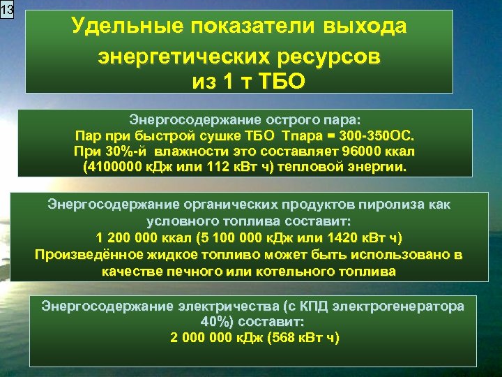 13 Удельные показатели выхода энергетических ресурсов из 1 т ТБО Энергосодержание острого пара: Пар