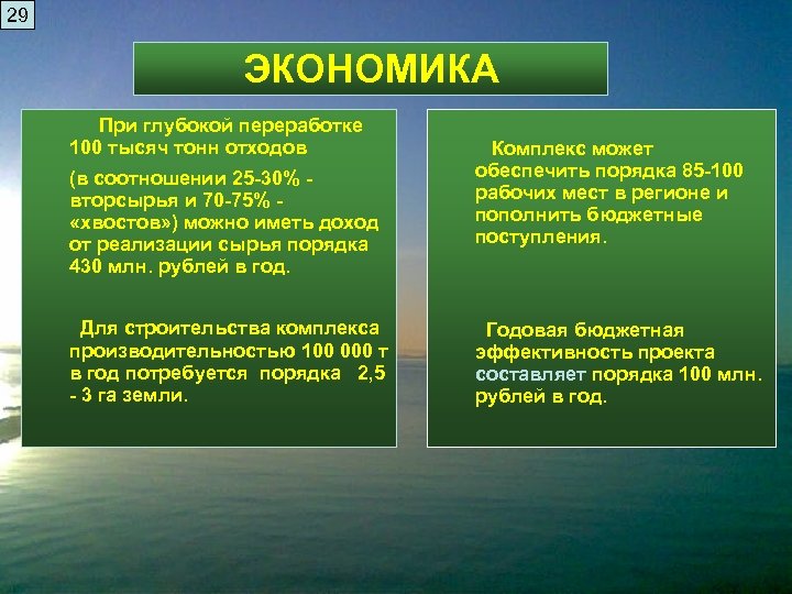 29 ЭКОНОМИКА При глубокой переработке 100 тысяч тонн отходов Комплекс может обеспечить порядка 85