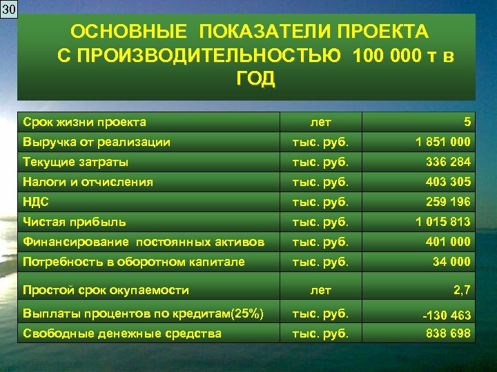 30 ОСНОВНЫЕ ПОКАЗАТЕЛИ ПРОЕКТА С ПРОИЗВОДИТЕЛЬНОСТЬЮ 100 000 т в ГОД Срок жизни проекта