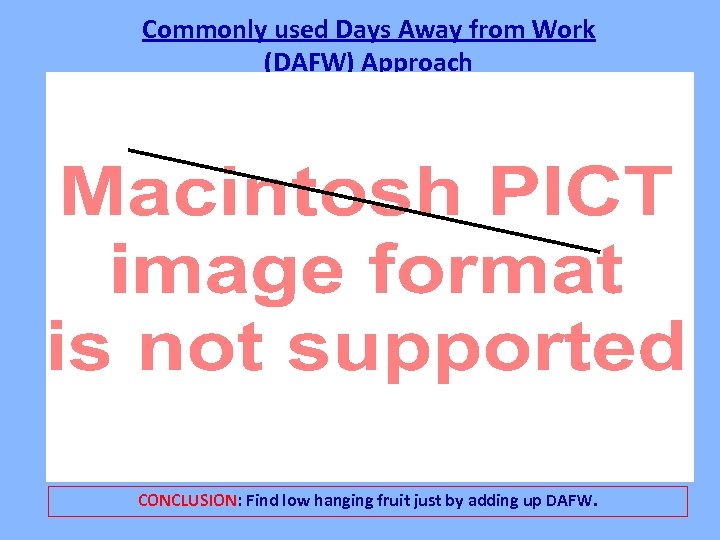 Commonly used Days Away from Work (DAFW) Approach CONCLUSION: Find low hanging fruit just
