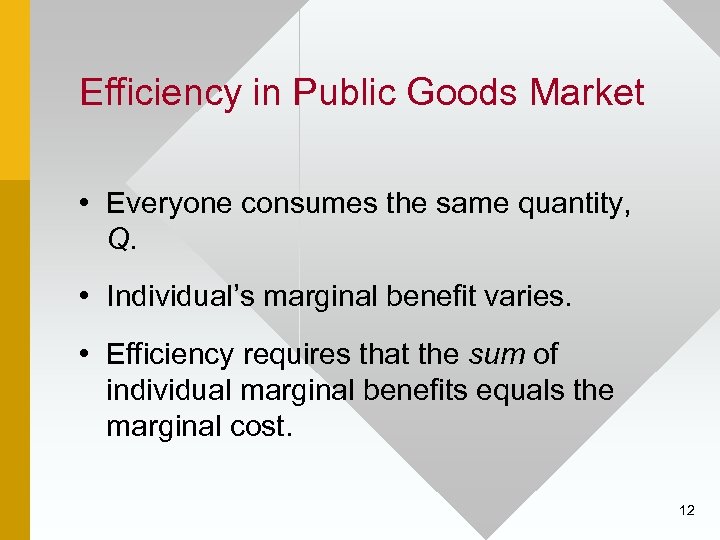 Efficiency in Public Goods Market • Everyone consumes the same quantity, Q. • Individual’s