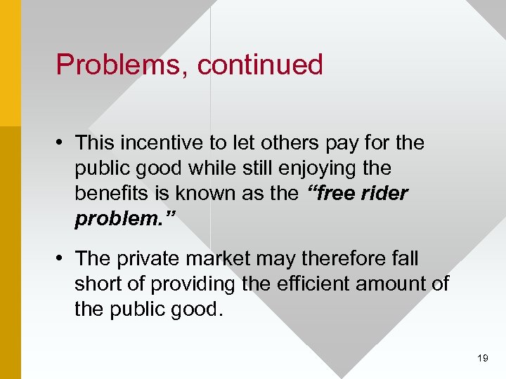 Problems, continued • This incentive to let others pay for the public good while