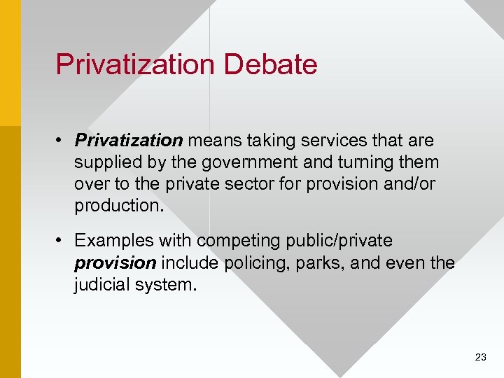 Privatization Debate • Privatization means taking services that are supplied by the government and