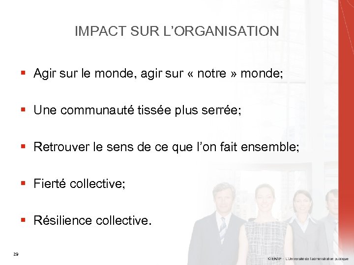 IMPACT SUR L’ORGANISATION § Agir sur le monde, agir sur « notre » monde;