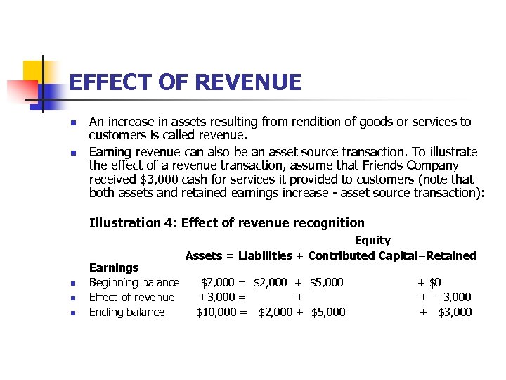 EFFECT OF REVENUE n n An increase in assets resulting from rendition of goods