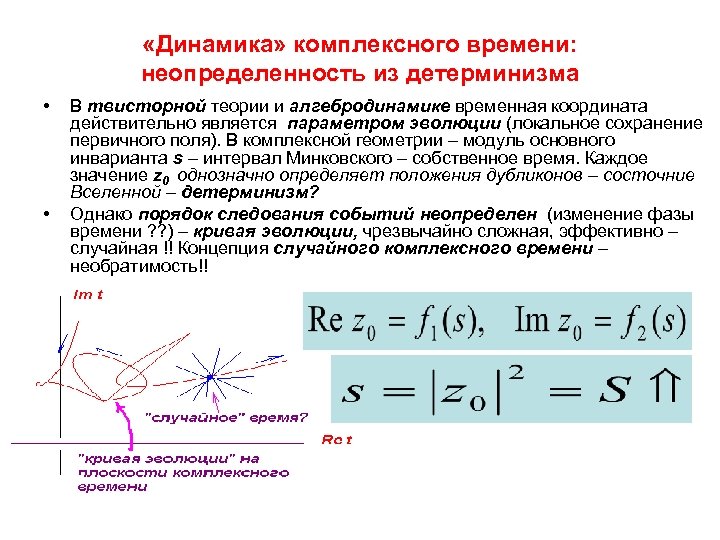  «Динамика» комплексного времени: неопределенность из детерминизма • • В твисторной теории и алгебродинамике