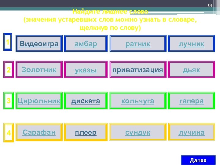 Найдите лишнее слово (значения устаревших слов можно узнать в словаре, щелкнув по слову) 1