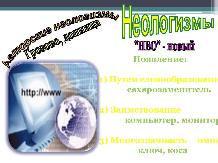 Появление: 1) Путем словообразовани сахарозаменитель 2) Заимствование компьютер, монитор 3) Многозначность ключ, коса омон