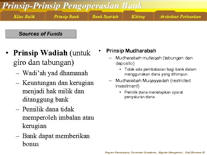 Prinsip-Prinsip Pengoperasian Bank Kilas Balik Prinsip Bank Syariah Kliring Arsitektur Perbankan Sources of Funds