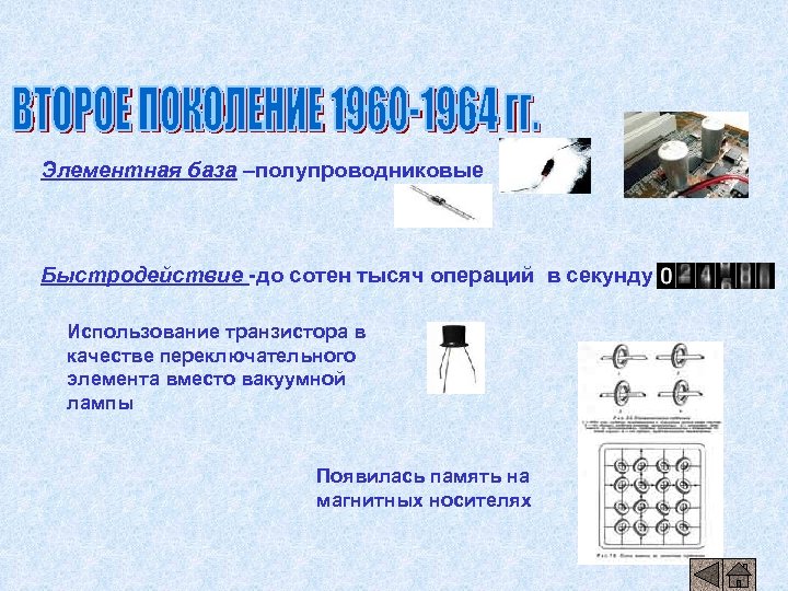 Элементная база –полупроводниковые Быстродействие -до сотен тысяч операций в секунду Использование транзистора в качестве