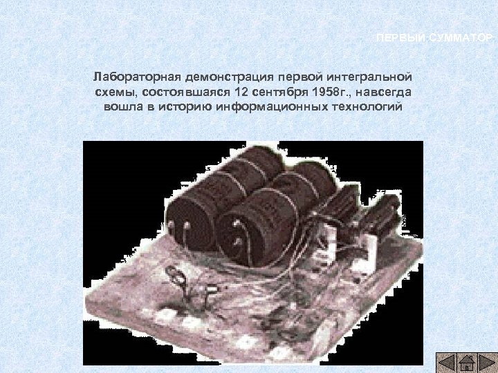 ПЕРВЫЙ СУММАТОР Лабораторная демонстрация первой интегральной схемы, состоявшаяся 12 сентября 1958 г. , навсегда