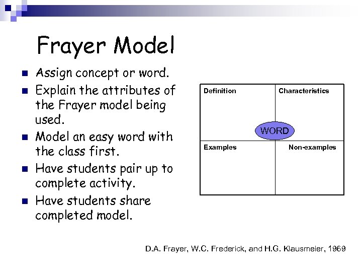 Frayer Model n n n Assign concept or word. Explain the attributes of the