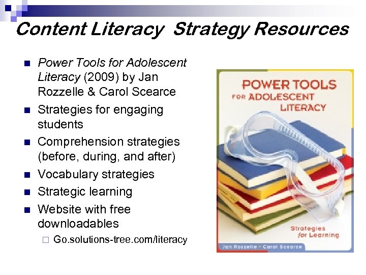 Content Literacy Strategy Resources n n n Power Tools for Adolescent Literacy (2009) by