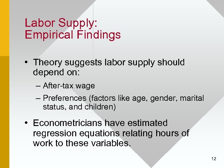 Labor Supply: Empirical Findings • Theory suggests labor supply should depend on: – After-tax