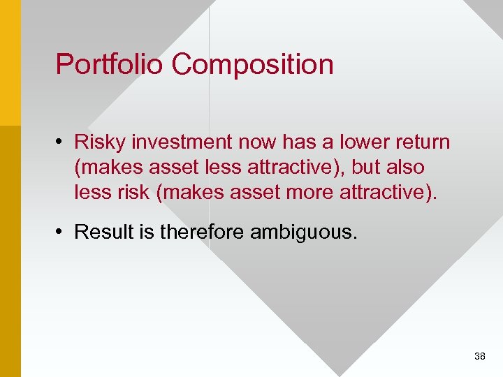 Portfolio Composition • Risky investment now has a lower return (makes asset less attractive),
