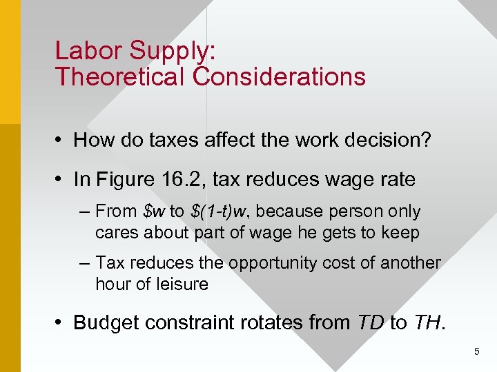 Labor Supply: Theoretical Considerations • How do taxes affect the work decision? • In