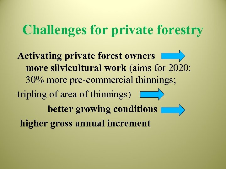 Challenges for private forestry Activating private forest owners more silvicultural work (aims for 2020:
