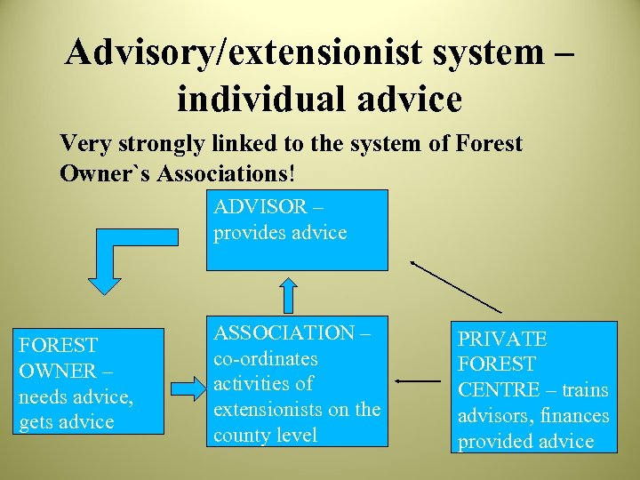 Advisory/extensionist system – individual advice Very strongly linked to the system of Forest Owner`s