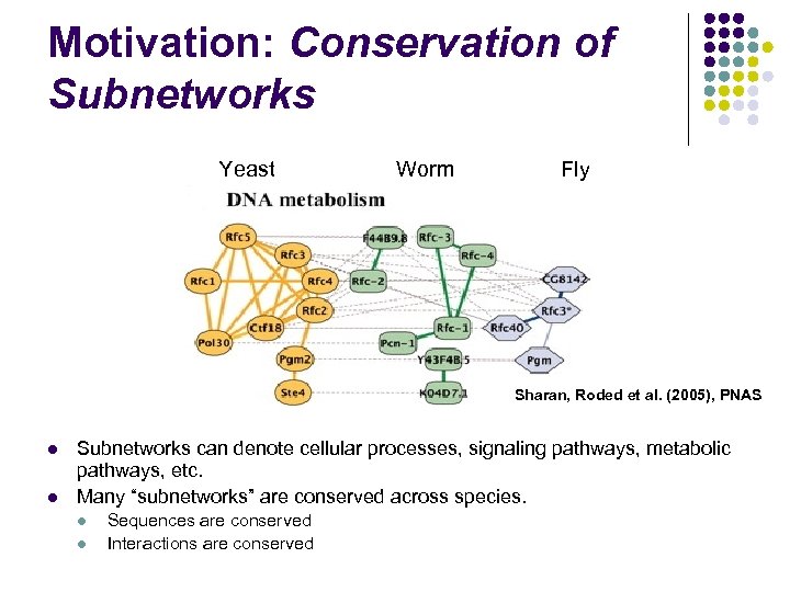 Motivation: Conservation of Subnetworks Yeast Worm Fly Sharan, Roded et al. (2005), PNAS l