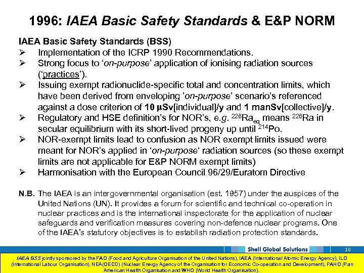 1996: IAEA Basic Safety Standards & E&P NORM IAEA Basic Safety Standards (BSS) Implementation