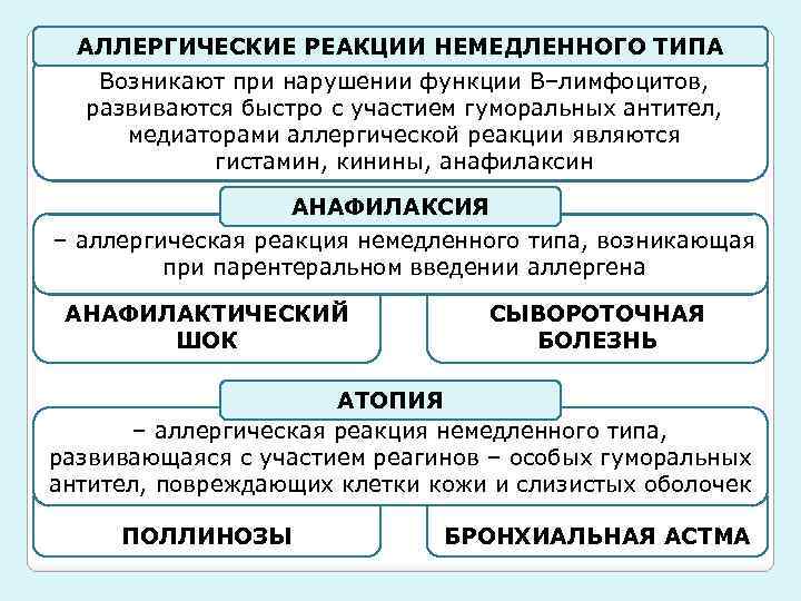 АЛЛЕРГИЧЕСКИЕ РЕАКЦИИ НЕМЕДЛЕННОГО ТИПА ВИДЫ АЛЛЕРГИИ Возникают при нарушении функции В–лимфоцитов, развиваются быстро с