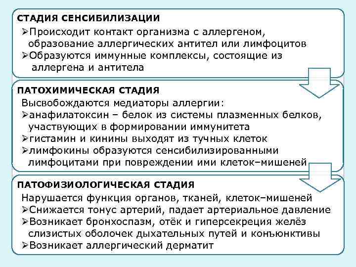 СТАДИЯ СЕНСИБИЛИЗАЦИИ СТАДИИ АЛЛЕРГИЧЕСКОЙ РЕАКЦИИ ØПроисходит контакт организма с аллергеном, образование аллергических антител или