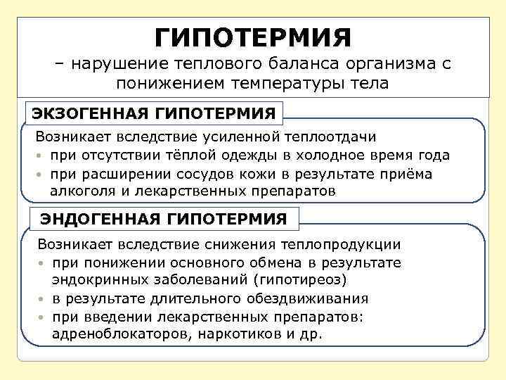 ГИПОТЕРМИЯ – нарушение теплового баланса организма с понижением температуры тела ЭКЗОГЕННАЯ ГИПОТЕРМИЯ Возникает вследствие