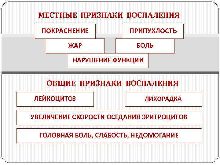 МЕСТНЫЕ ПРИЗНАКИ ВОСПАЛЕНИЯ ПОКРАСНЕНИЕ ЖАР ПРИПУХЛОСТЬ БОЛЬ НАРУШЕНИЕ ФУНКЦИИ ОБЩИЕ ПРИЗНАКИ ВОСПАЛЕНИЯ ЛЕЙКОЦИТОЗ ЛИХОРАДКА