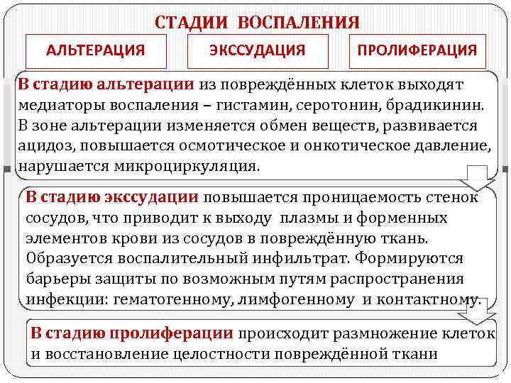 СТАДИИ ВОСПАЛЕНИЯ АЛЬТЕРАЦИЯ ЭКССУДАЦИЯ ПРОЛИФЕРАЦИЯ В стадию альтерации из повреждённых клеток выходят медиаторы воспаления
