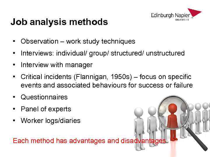 Job analysis methods • Observation – work study techniques • Interviews: individual/ group/ structured/