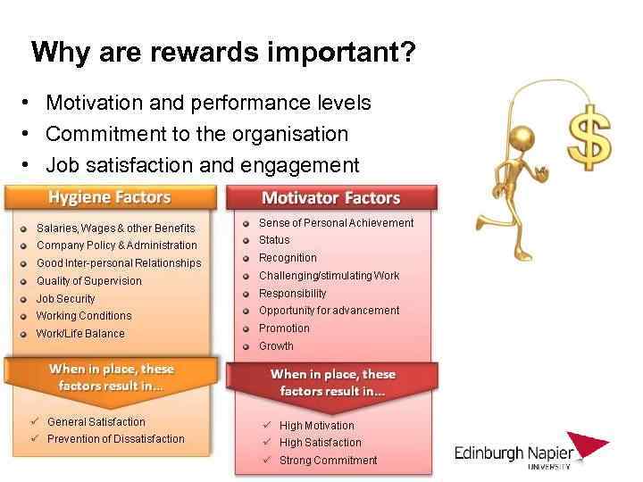 Why are rewards important? • Motivation and performance levels • Commitment to the organisation
