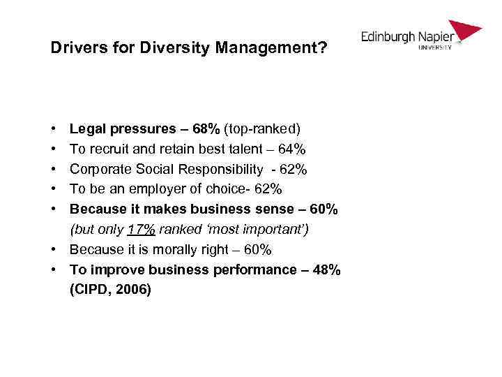 Drivers for Diversity Management? • • • Legal pressures – 68% (top-ranked) To recruit