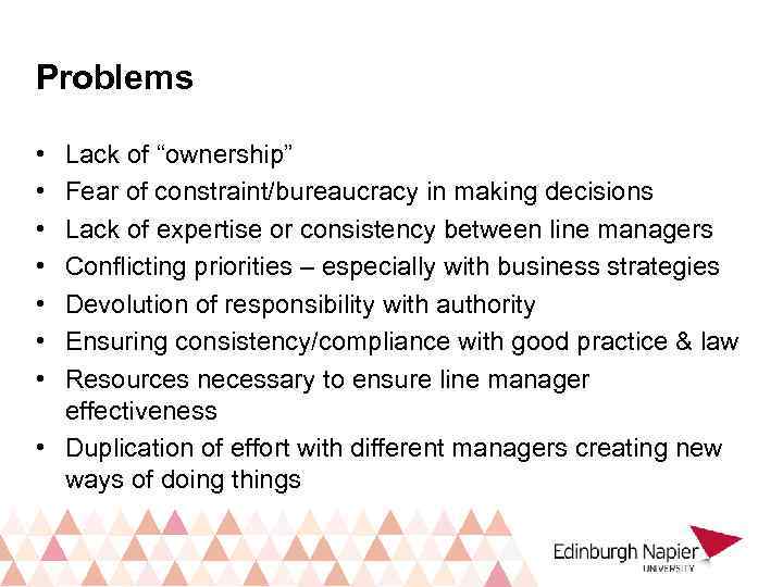 Problems • • Lack of “ownership” Fear of constraint/bureaucracy in making decisions Lack of