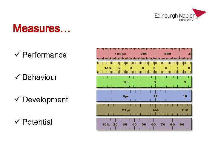 Measures… ü Performance ü Behaviour ü Development ü Potential 