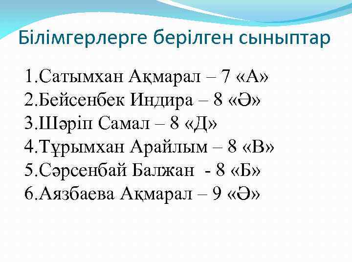 Білімгерлерге берілген сыныптар 1. Сатымхан Ақмарал – 7 «А» 2. Бейсенбек Индира – 8