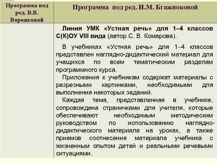 Программа под ред. В. В. Воронковой Программа под ред. И. М. Бгажноковой Линия УМК