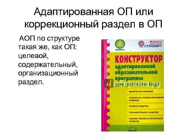 Адаптированная ОП или коррекционный раздел в ОП АОП по структуре такая же, как ОП: