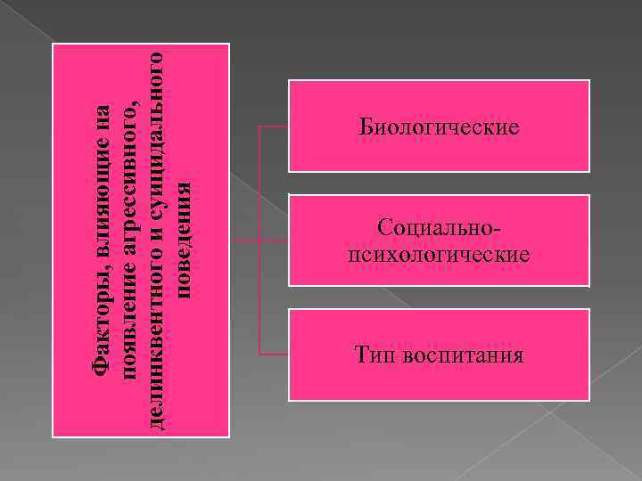 Факторы, влияющие на появление агрессивного, делинквентного и суицидального поведения Биологические Социальнопсихологические Тип воспитания 