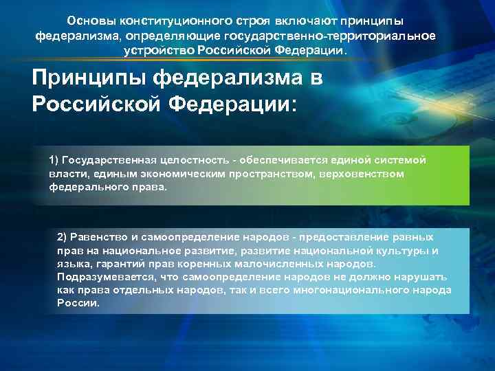 Основы конституционного строя включают принципы федерализма, определяющие государственно-территориальное устройство Российской Федерации. Принципы федерализма в