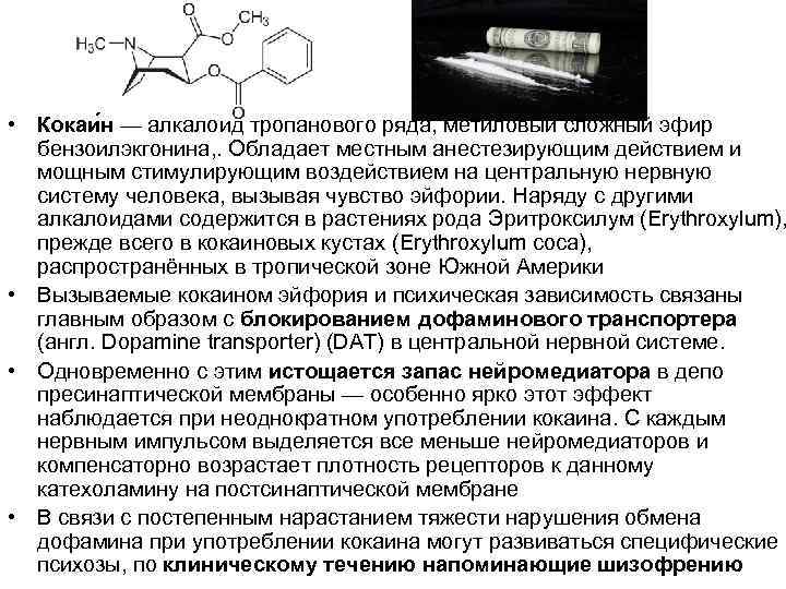  • Кокаи н — алкалоид тропанового ряда, метиловый сложный эфир бензоилэкгонина, . Обладает