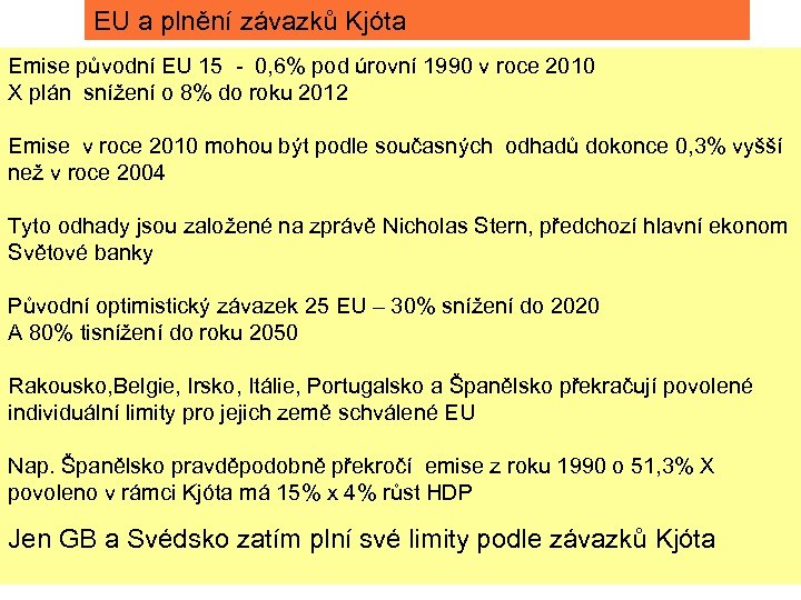 EU a plnění závazků Kjóta Emise původní EU 15 - 0, 6% pod úrovní