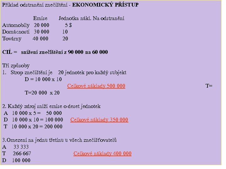 Příklad odstranění znečištění - EKONOMICKÝ PŘÍSTUP Emise Automobily 20 000 Domácnosti 30 000 Továrny