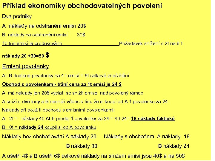 Příklad ekonomiky obchodovatelných povolení Dva podniky A náklady na odstranění emisí 20$ B náklady