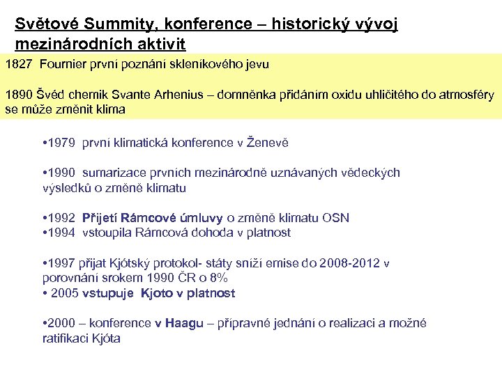 Světové Summity, konference – historický vývoj mezinárodních aktivit 1827 Fournier první poznání skleníkového jevu