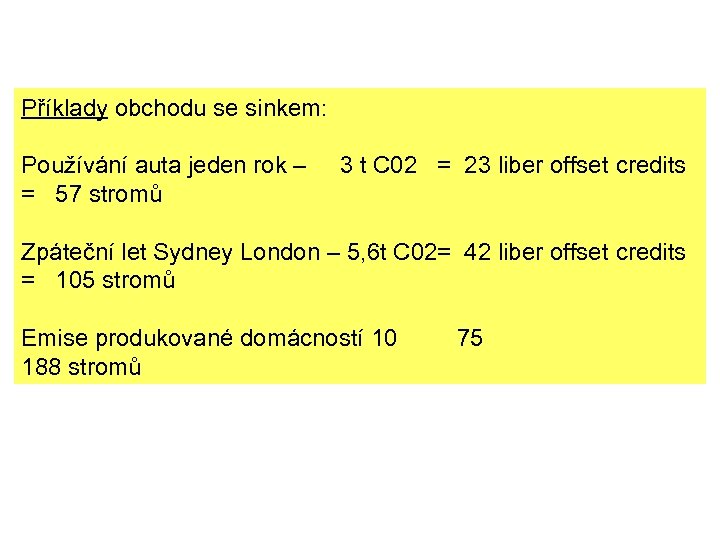 Příklady obchodu se sinkem: Používání auta jeden rok – = 57 stromů 3 t