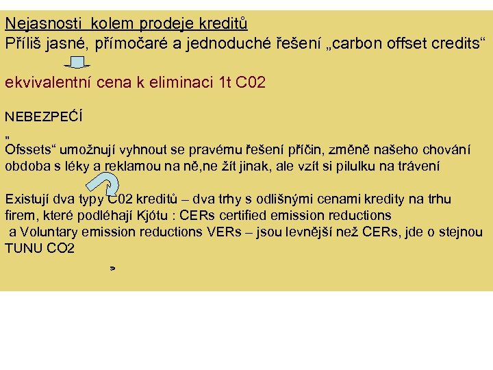 Nejasnosti kolem prodeje kreditů Příliš jasné, přímočaré a jednoduché řešení „carbon offset credits“ ekvivalentní