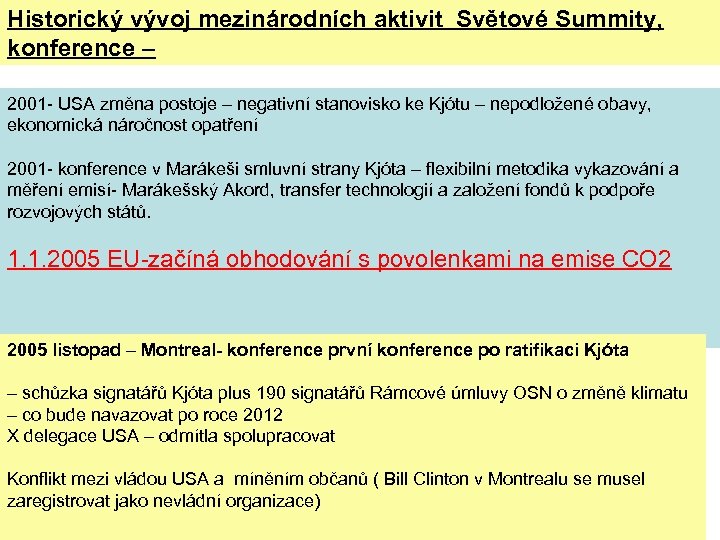 Historický vývoj mezinárodních aktivit Světové Summity, konference – 2001 - USA změna postoje –